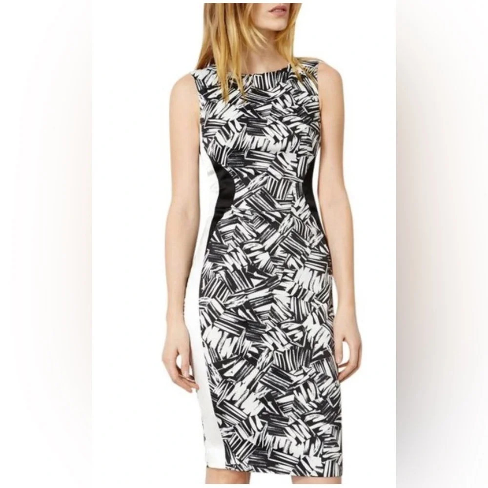 Karen Millen Black & White Brushstroke Pencil Dress size 4